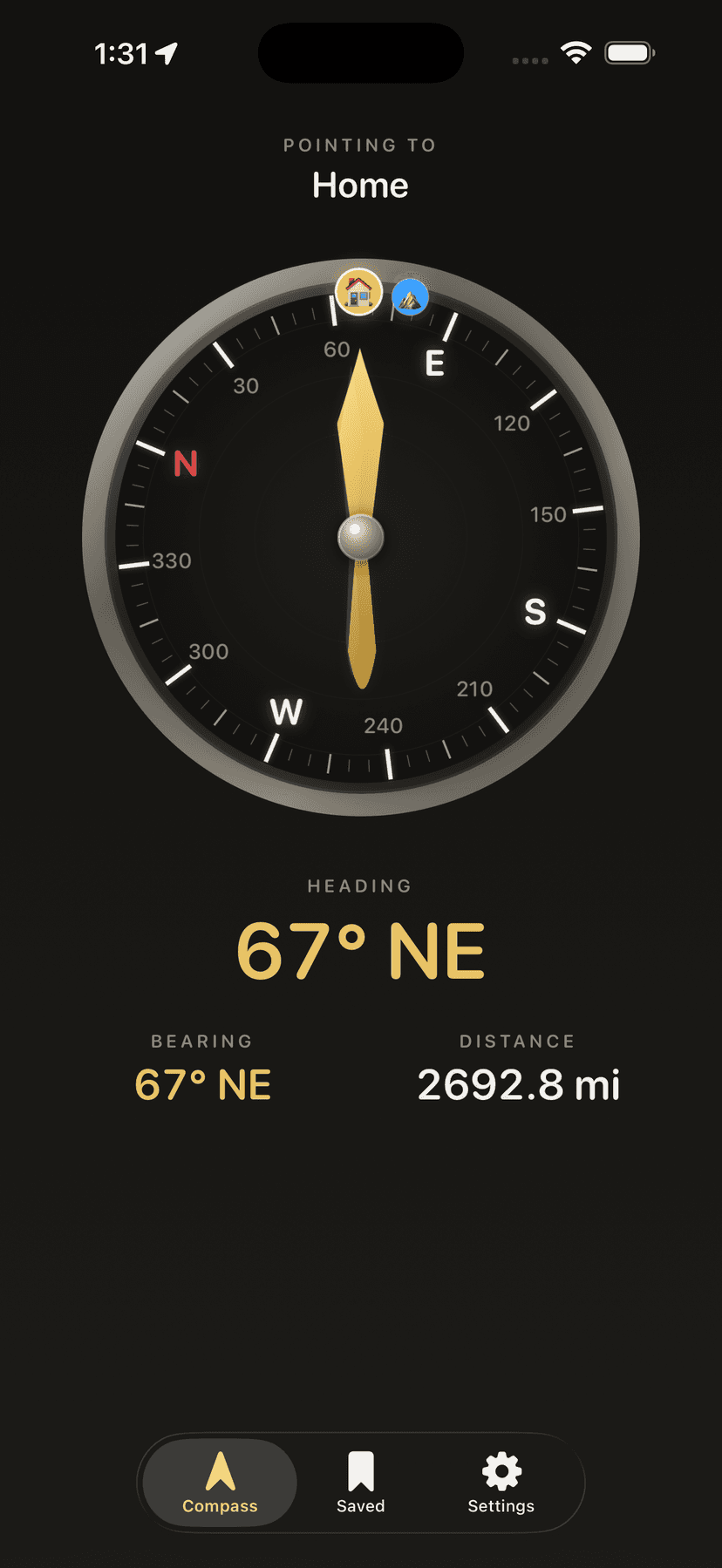 TrueNorth compass screen pointing toward your destination