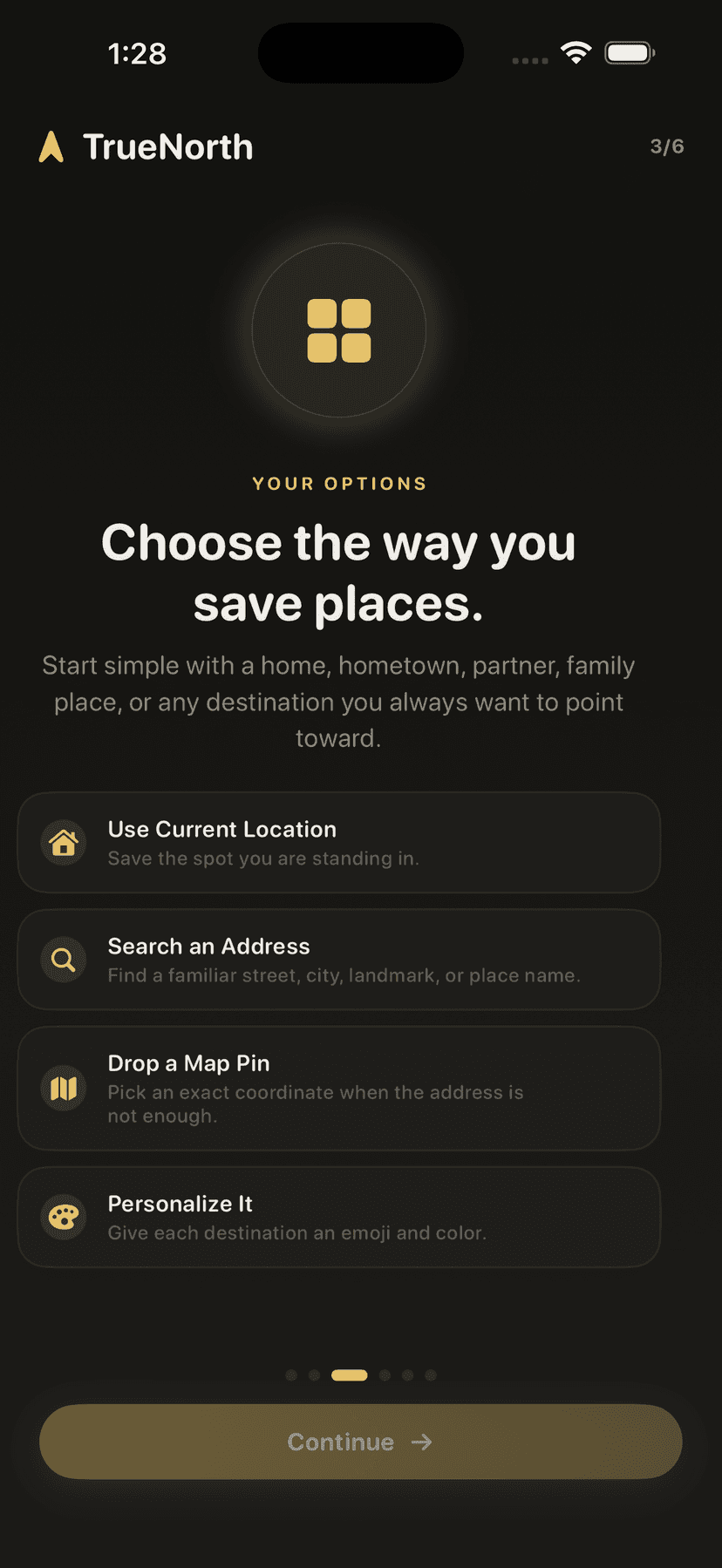 TrueNorth onboarding screen with setup options