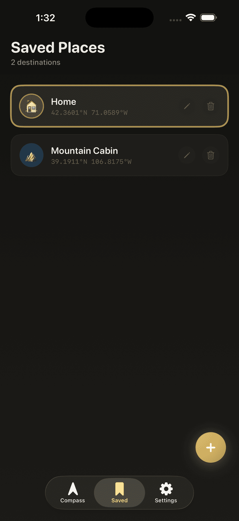 TrueNorth saved places screen showing your destinations